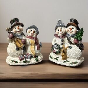 Set Of 2 Vtg Home Interiors Mr. & Mrs. Snowmen Figurines Sparkly Christmas Tree